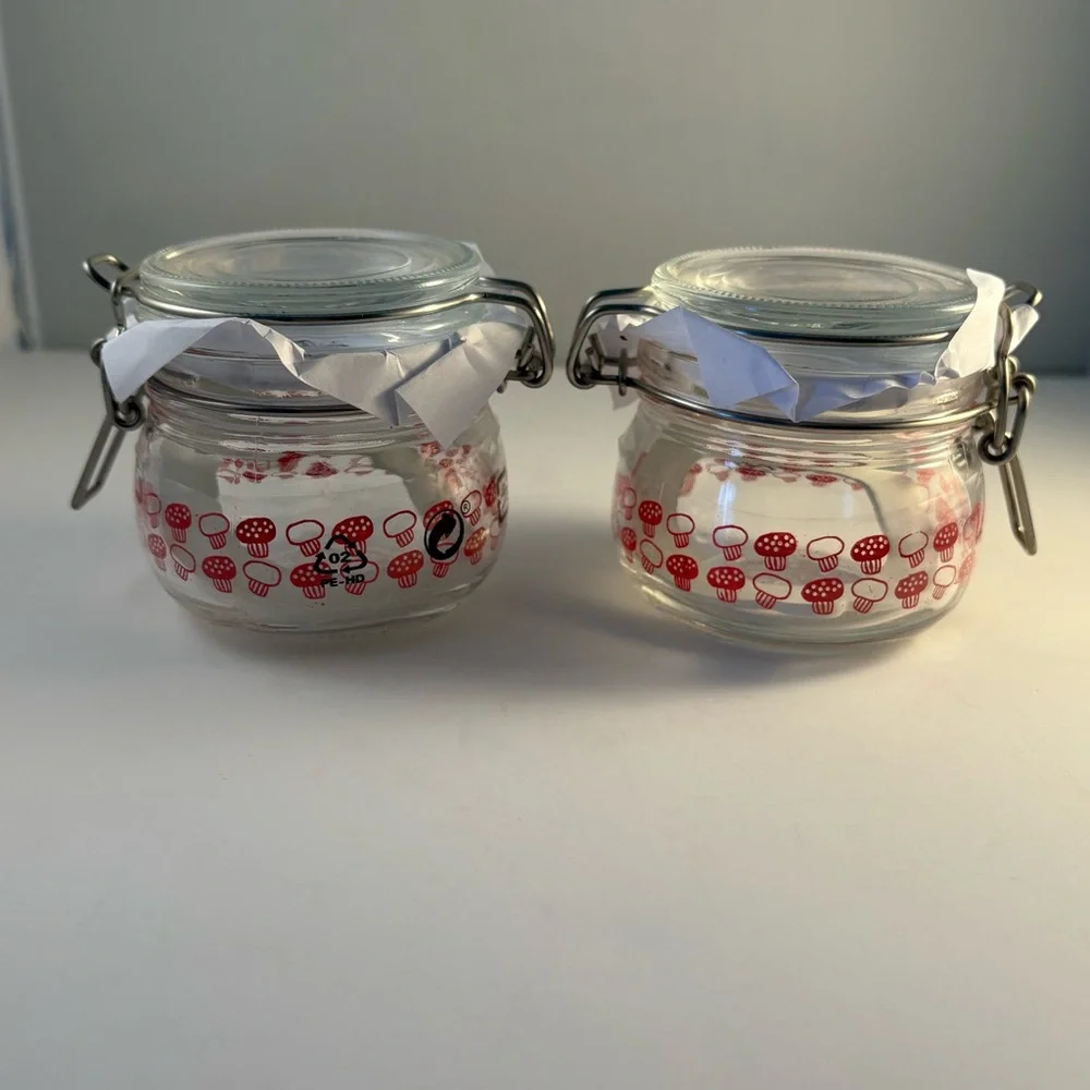Lot Of 2 New IKEA KORKEN Jars Red Mushroom Print Glass Storage Seals Tight 2.75”